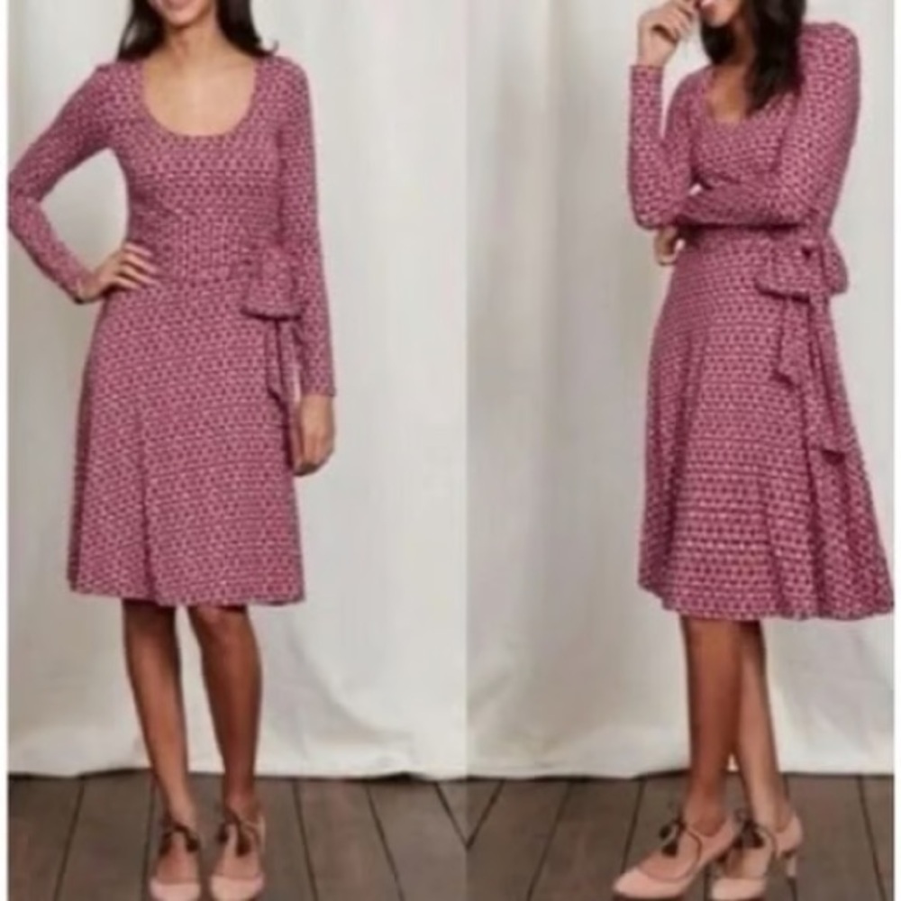 Boden Pink And Black Long Sleeve Silvia Wrap Jersey Midi Dress Size 2
